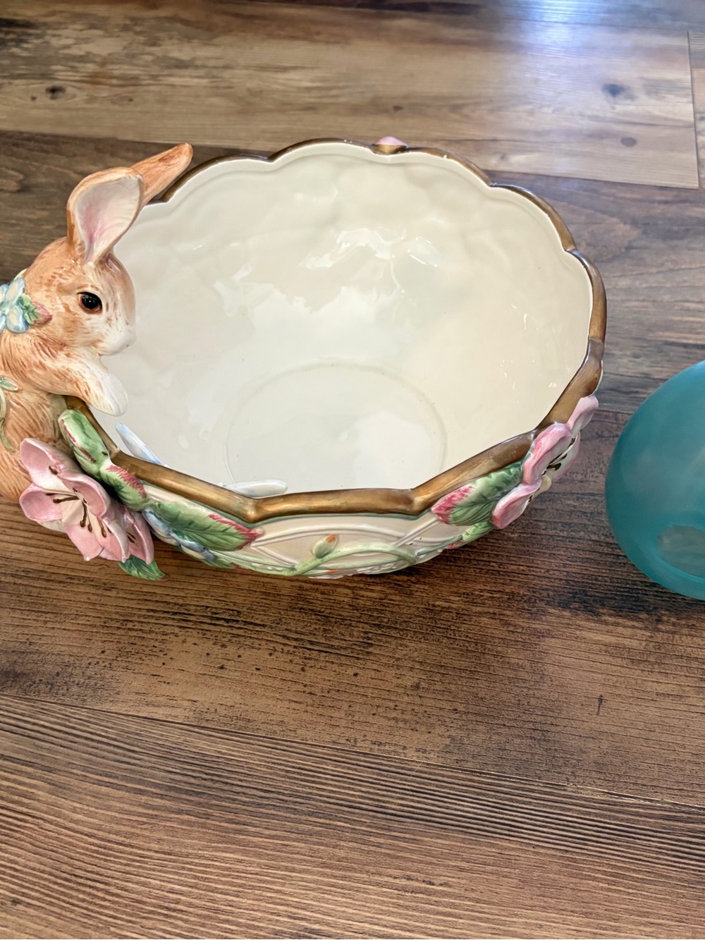 Pottery Barn Egg and Cream Ceramic Bunny Floral Bowl with Pink and Green Accents